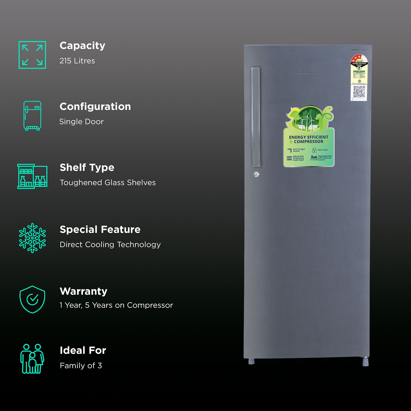 Buy Croma 215 Litres 3 Star Direct Cool Single Door Refrigerator